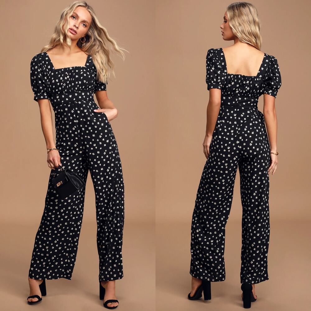 Lulus Modern Elegance Black Floral Print Puff Sleeve Wide-Leg Jumpsuit